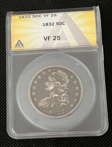 1832 capped bust half dollar. Certified  ANACS VF25 Cover