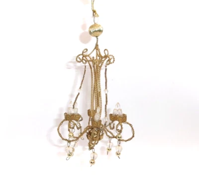 Dollhouse Miniature Chandelier Handcrafted Ornate 6 Arm Gold Twisted Wire Beaded - Image 1 of 4