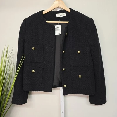 NUEVO CON ETIQUETAS MNG Blazer Negro Texturizado Dorado Botón Chaqueta Recortada Mujer XL Foto 1 de 4