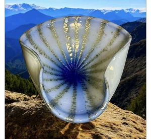 Murano Kunstglas blau/weiß/gold gefalteter Rand Bonboniere Mid Century - Bild 1 von 14
