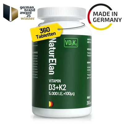 NaturElan Vitamin D3 + K2 5000 IE 360 Kapseln 100 µg MK7 Made in Germany