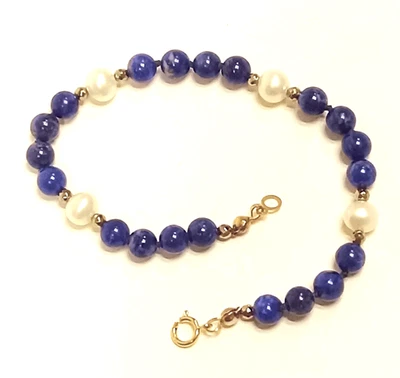 Ladies LAPIS & Cultured PEARL Bracelet 14K GOLD Spring Ring Clasp  CUSTOM LENGTH - Image 1 of 4