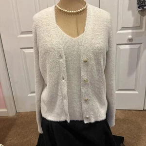 ** LOFT Talla M- Brillo Difuso Cuello en V Cárdigan Suéter Crema Y Conjunto Sin Mangas a Juego - Imagen 1 de 13