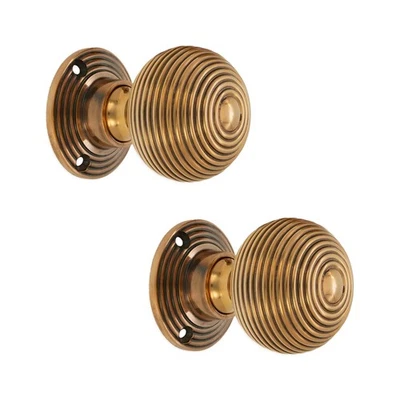Door Knobs Aged Brass Beehive Reeded Mortice Rim Pull Interior Handles Pair - Image 1 of 4
