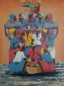 Original Haiti Gemälde TANZEN AUF DEM MARKT Acryl auf Karton Blanc 5"x 7" NEU - Bild 1 von 6