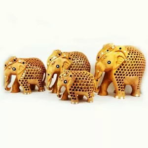 Elephant Undercut 4 Pieces Set Handcrafted Wooden Statue Home Décor Showpiece - Picture 1 of 4