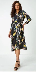 Roman originals Black Floral Print Midi Shirt Dress size 16 - Picture 1 of 5