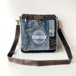 Authentic Upcycled Denim Messenger Bag - Stonewashed Canvas Crossbody Satchel - Picture 1 of 9
