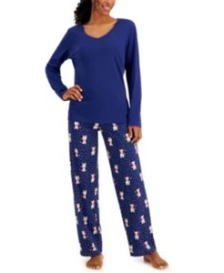 Talla Charter Club: Top de pijama de algodón manga larga con cuello en V - azul oscuro X-Small - Imagen 1 de 9
