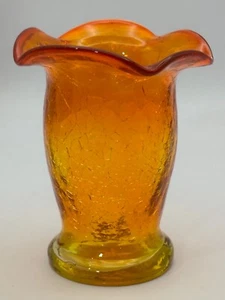 Vintage Crackle Glass Vase Mid Century Modern Amberina Orange Yellow Retro 3" - Picture 1 of 5
