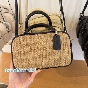 Neu mit Etikett Coach Umhängetasche Umhängetasche Mini Tasche CAK74 Toast/schwarz Stroh Glattleder - Bild 1 von 10