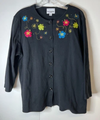 Breckenridge Women's Petite Large Black Cardigan Embroidered Flowers Rhinestones - Image 1 of 4