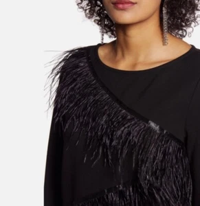 Nordstrom HALOGEN Black Feather Trim Bell Sleeve Bateau Neck Ponte Top Women Med - Picture 1 of 13