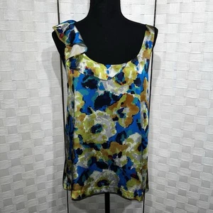 Theory Womens Silk Sleeveless Blouse Size Large Abstract Watercolor Ruffle Tank - Picture 1 of 12