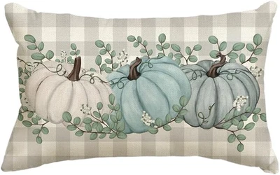 Buffalo Plaid Pumpkin Eucalyptus Leaves Throw Pillow Cover 12X20 Inch, Fall Autu - Image 1 of 4
