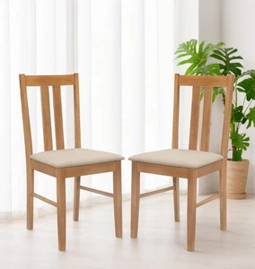 Dining Chairs, x2 Light Oak Wooden Kitchen Chairs with Warm Cream Fabric Seat - Picture 1 of 8