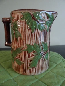 Antique Majolica Small Pitcher Bamboo Leaves Brown Green Aesthetic 1880's - Picture 1 of 16
