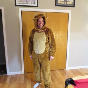 BRIEFLY STATED Reindeer Costume Pajamas Mens 2XL Hooded One Piece Plush Suit - Picture 1 of 17