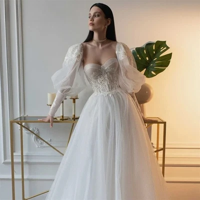 Sexy Sweetheart Neck A-Line Wedding Dress Puff SleevesSexy Backless Bridal Gown - Image 1 of 4