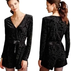 Anthropologie Women's SAYLOR Burnout Velvet Romper Sz Small Black Floral Elegant - Picture 1 of 11
