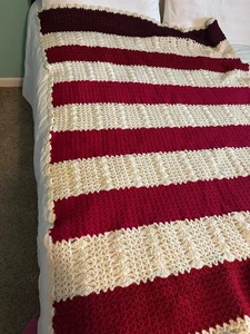 70x42 Handmade Striped Afghan Red White Burgundy Christmas Crochet Blanket Throw - Picture 1 of 4