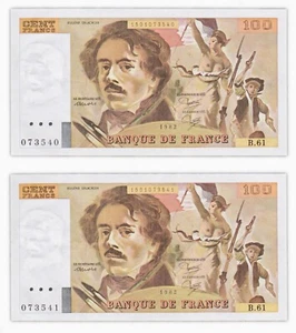 2 x 100 Francs 1982 Frankreich - Delacroix - P154b (B.61) folgende Nummern - Bild 1 von 4
