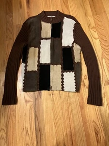 KIKIT Zip Cardigan Sweater Leather Patches Cotton Brown Sz M - Picture 1 of 4