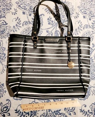 Tommy Hilfiger Black & White Stripe Tote Purse Many Pockets zip Shoulder Bag TH - Image 1 of 4