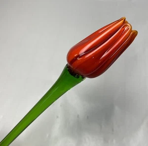 Blown Art Glass Tulip Bud Flower Ombre Orange Yellow Bloom Green Short Stem 9 In - Picture 1 of 5