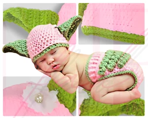 Star Wars Yoda Baby Knit Newborn 0-6 Mo Photo Hat Pant Outfit PINK WHITE FLOWER - Picture 1 of 11