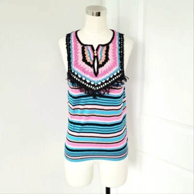 Tanque Nanette Lepore Rosa/Azul/Negro/Melocotón Multi Rayas Crochet Tejido Talla S RARO Foto 1 de 4