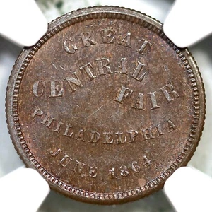 1864 F-750L-1a NGC MS 65 BN GREAT CENTRAL FAIR Philadelphia PA Civil War Token - Picture 1 of 3