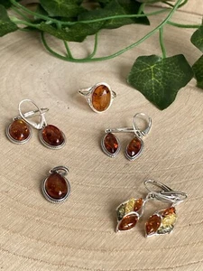 Bernstein Restposten Konvolut Sterling Silber 925 Ring Ohrringe Anhänger Cognac - Bild 1 von 8