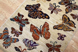 2x3 ft Beige Butterfly Afghan Hand Knotted Tribal Small Accent Rug - Picture 1 of 10