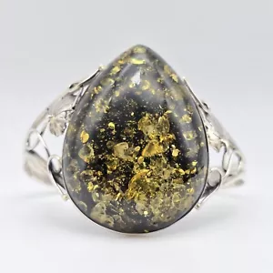 Huge Green Baltic Amber Sterling Silver Cuff Bracelet 6 3/4" Adjustable - Picture 1 of 8