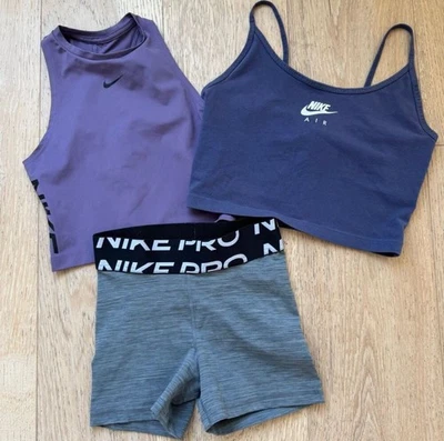 Nike Pro Paquete Conjunto Top Corto Púrpura Compresión Atlético Gris Pantalones Cortos Talla XS Foto 1 de 4