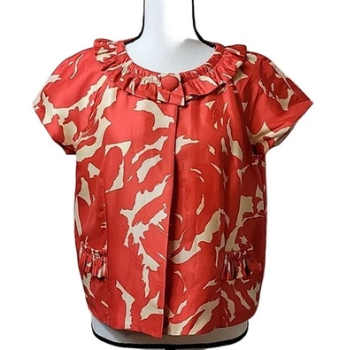 Nuevo con etiquetas Vintage 8 J. Chaqueta Ajedrez Crew Seda Floral Pincelada Volantes Rojo Crema Mod Foto 1 de 4