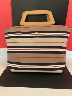 CITY DKNY brown/black/red/white striped canvas handbag leather handles - Image 1 of 4