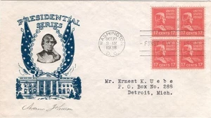 Ersttagsbrief, SC #822 BL4, Johnson Prexy, Planty 43, Cachetcraft Cachet, 1938 - Bild 1 von 1