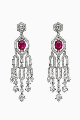 Feature Red Ruby & Lab-Created Rose Cut Diamonds Chandelier Earrings 925 Silver - Image 1 of 4