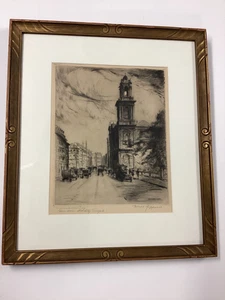 Ernst Zipperer Etching City Temple Church, London Ca. 1920 Hand Carved Frame - Picture 1 of 13