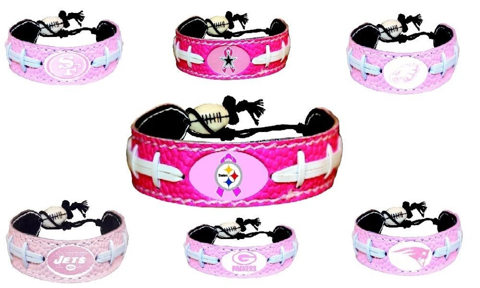 Official NFL Leather Football Bracelet Pink Cancer Color Choose Your Team - Image 1 of 1