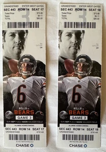 PAIR UNUSED TICKETS BEARS-BILLS 9/7/14 *CUTLER 2 TD'S* CARPENTER GW FIELD GOAL - Picture 1 of 2