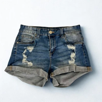 Pantalones Cortos Denim Charlotte Russe Mujer 7 Desgastados Puño Enrollado Lavado Medio Y2K Foto 1 de 4