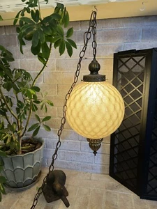 Vintage MCM Hollywood Regency Amber Textured Glass Hanging Swag Lamp - Picture 1 of 7