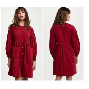 Meadows | NEW Forest Long Sleeve Corduroy Button Up Mini Dress in Red Size 2 - Picture 1 of 9