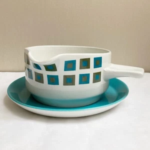 Vintage Retro Midwinter Pottery Berkeley Gravy Boat & Saucer; Blue/Green Squares - Picture 1 of 8