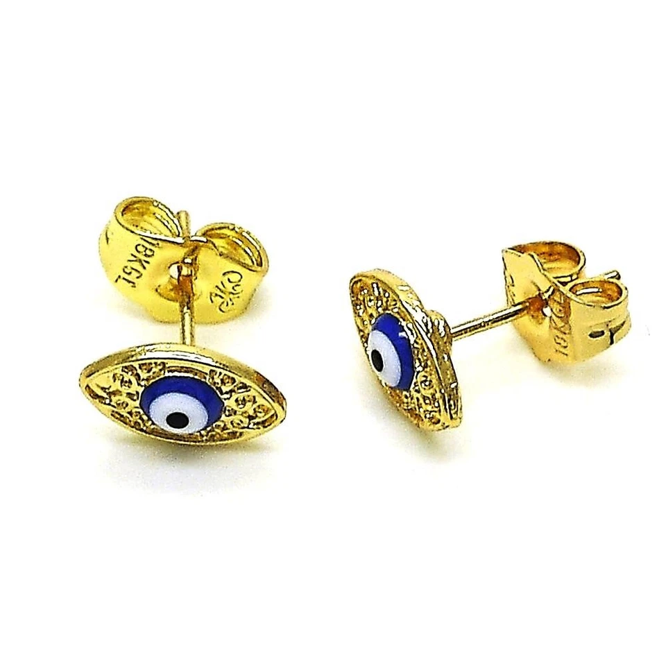 14K GOLD PLATED STUD EARRING 6 X10 MM  WITH BLUE ENAMEL EVIL EYE M531 - Image 1 of 1