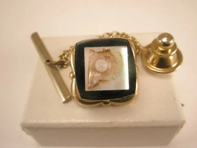 Tiny Oyster Shell & Seed Pearl Acrylic Encased Vintage Tie Tack Lapel Pin k45 - Image 1 of 4