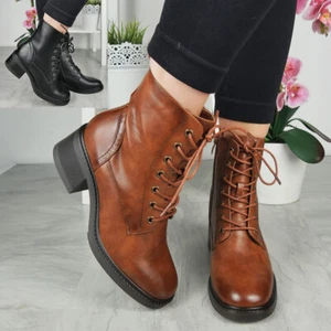 Ankle Boots Shoes Ladies Work Dress Lined Zip Comfy Lace Up Casual Womens Sizes - Picture 1 of 17